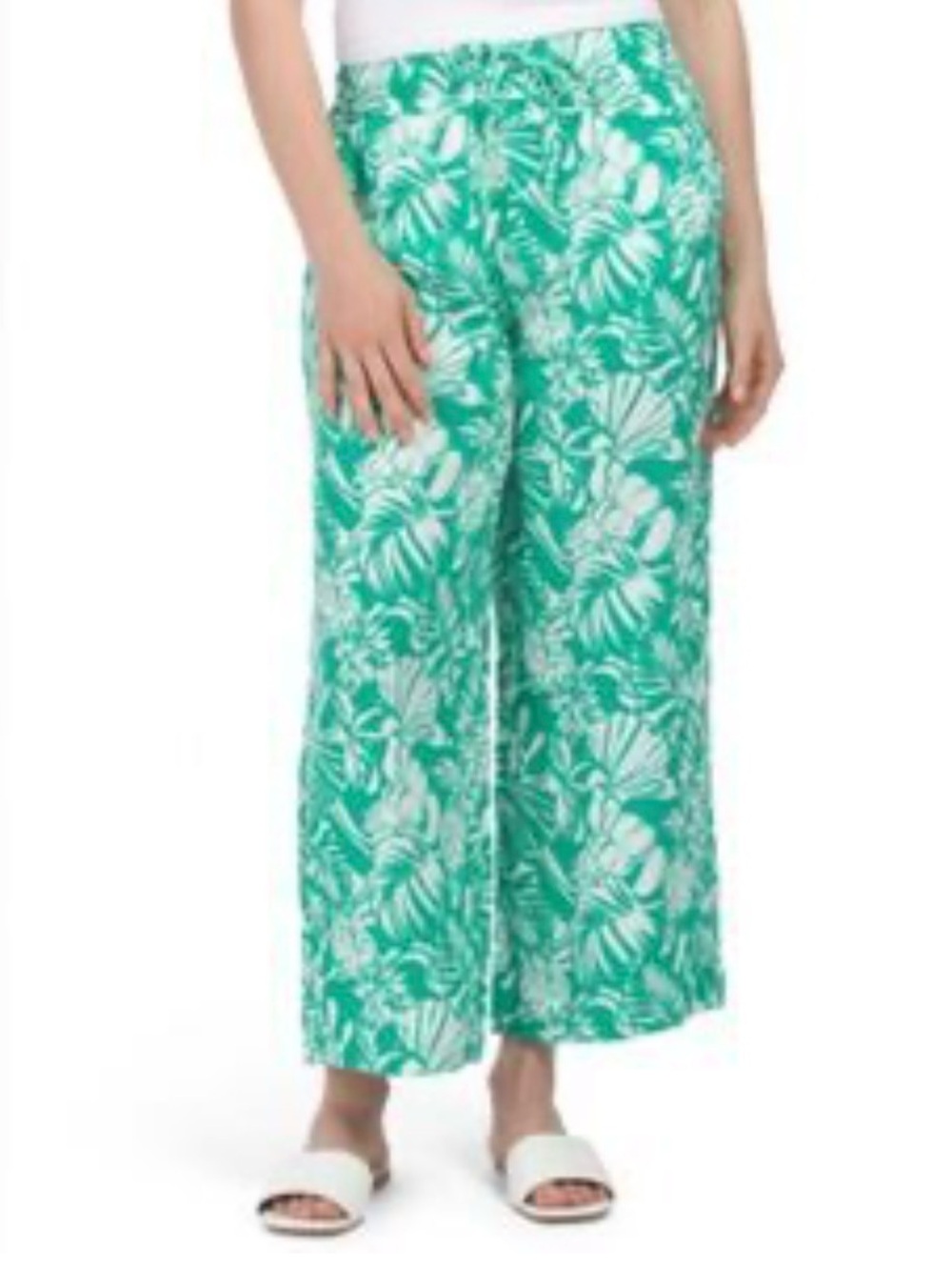 Nicole Miller 100% Linen Tropical Print Wide Leg Crop Pants Green Women’s M